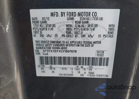 2012 Ford F-150 Xlt из США, поврежденный, VIN 1FTFX1EFXCFB07678